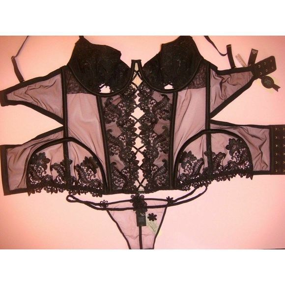 Victoria's Secret DESIGNER COLLECTION 34B,36C CORSET SET BLACK floral embroidery - Picture 15 of 15